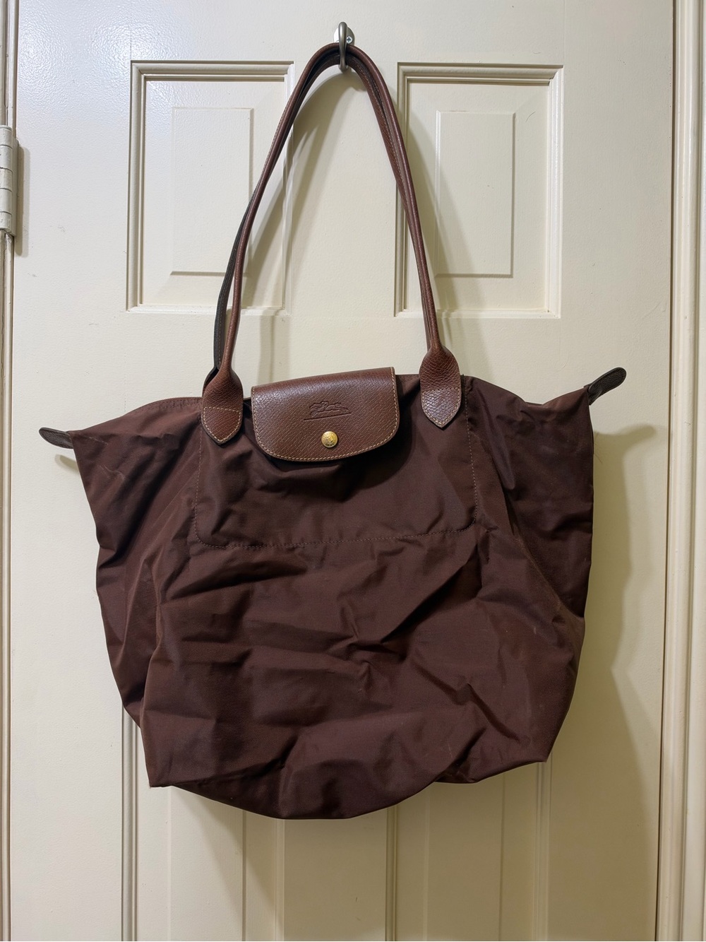 Longchamp Brown Nylon Le Pliage Tote with Leather Trim